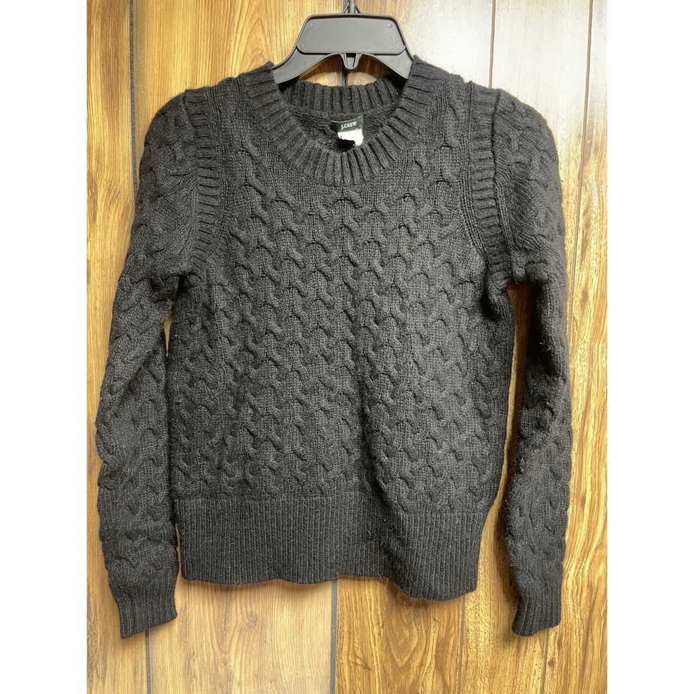 J. CREW Angora Wool Blend Sweater Women Small Black‎ Cable Knit Crew Neck